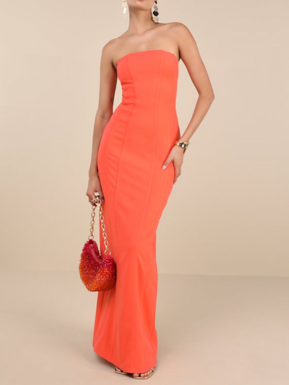 Lulus Ismene Bright Orange Seamed Strapless Maxi Dress - Size L
